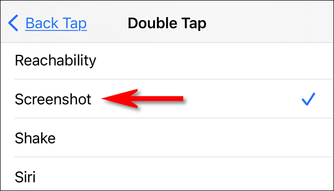 In Back Tap settings, select "Screenshot" on iPhone.