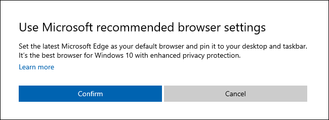 The "Use Microsoft recommended browser settings" dialog on Windows 10.