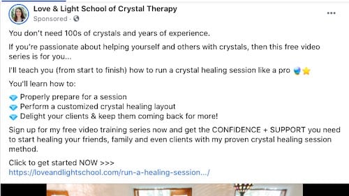 Screenshot of crystal therapy ad on Facebook