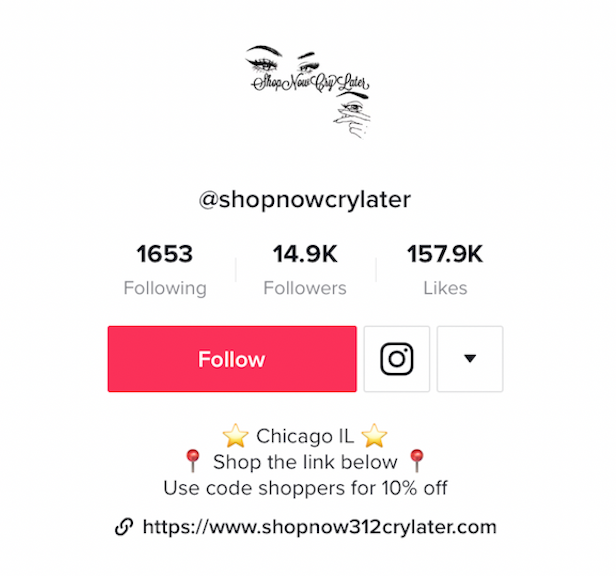 @shopnowcrylater's tiktok bio with link to ecommerce website