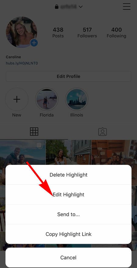 clicking on edit highlight button on instagram