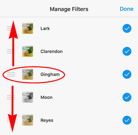 Filtros do Instagram com setas mostrando que você pode mover os filtros para cima ou para baixo