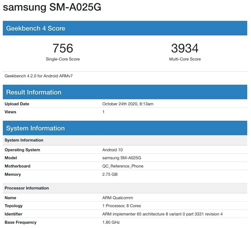 Samsung Galaxy A02s Geekbench