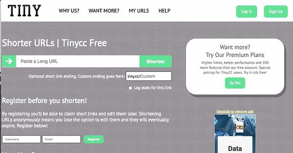 Tiny.CC homepage and link shortener