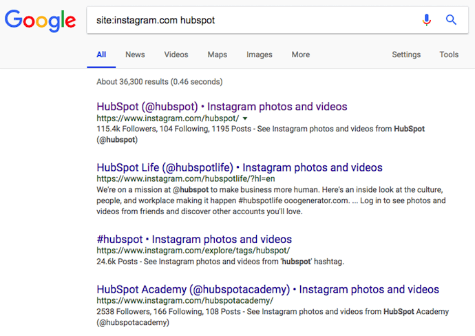 Google-sivustohaku HubSpotille, jonka avulla voit etsiä Instagram-käyttäjiä ilman tiliä