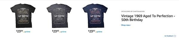 Shirt Invaders Amazon kopt zoekadvertenties boven de zoekresultaten.