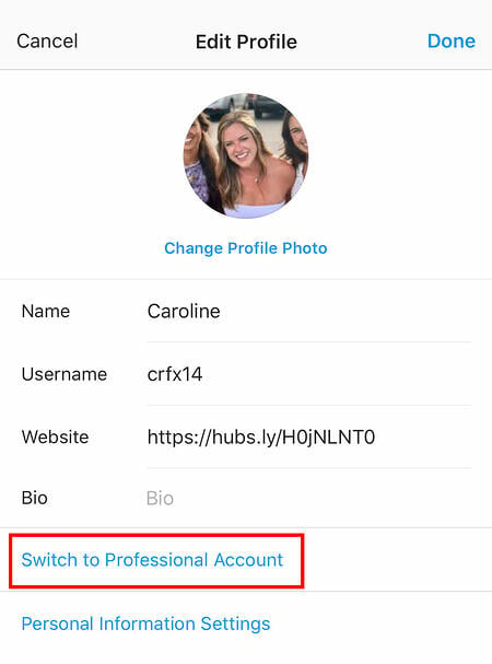 switch to professional account button on instagram