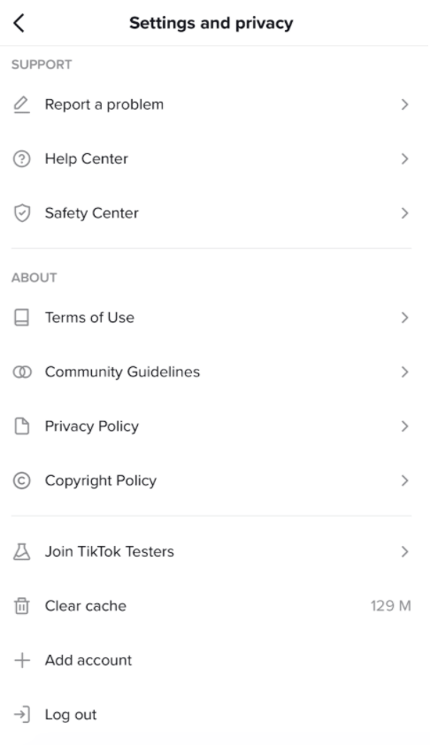 tik tok's settings page