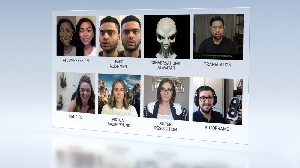 A group of video callers, including a digital alien.