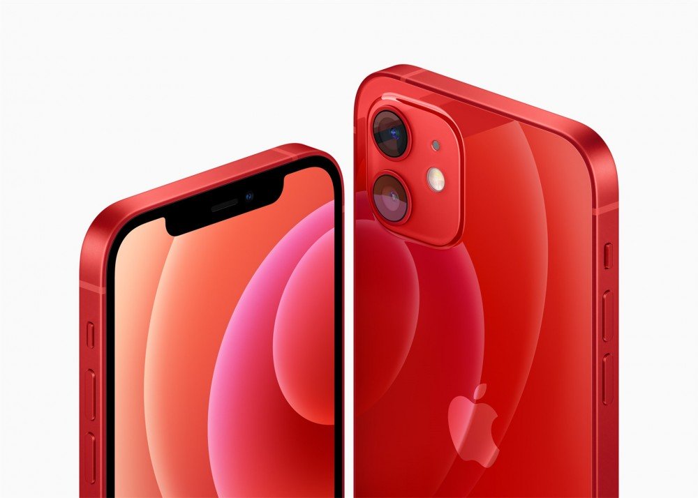 The Apple iPhone 12's angular design in Product Red