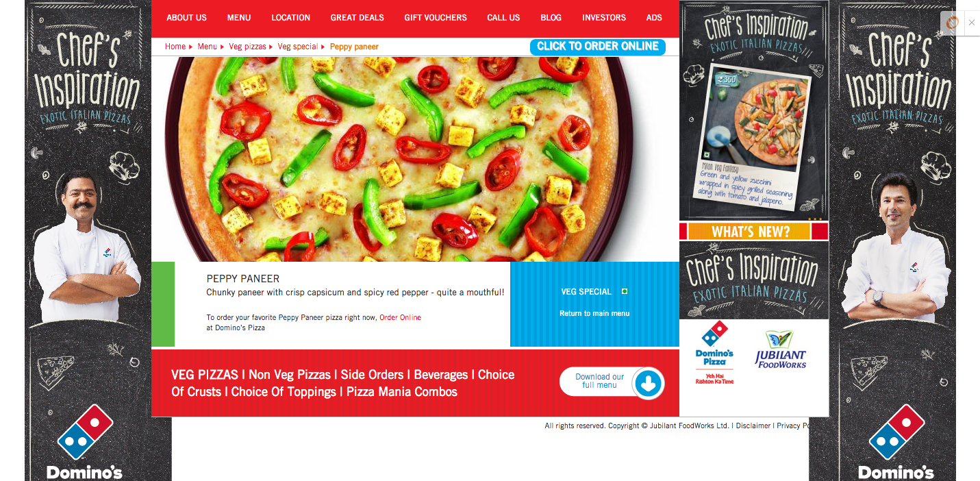 Domino's website with pizza catering to international tastes