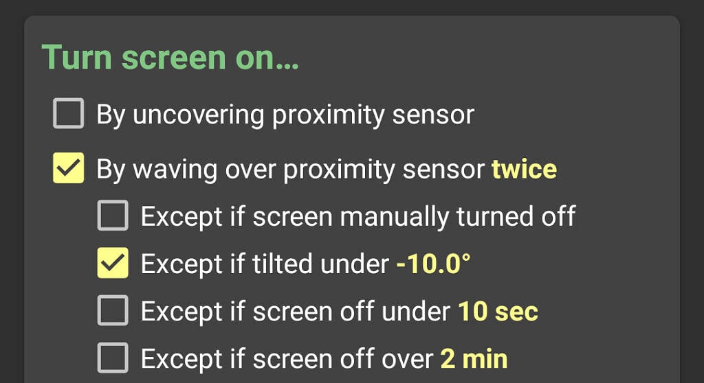 KinScreen screenshot showing new exception for turn on by proximity setting