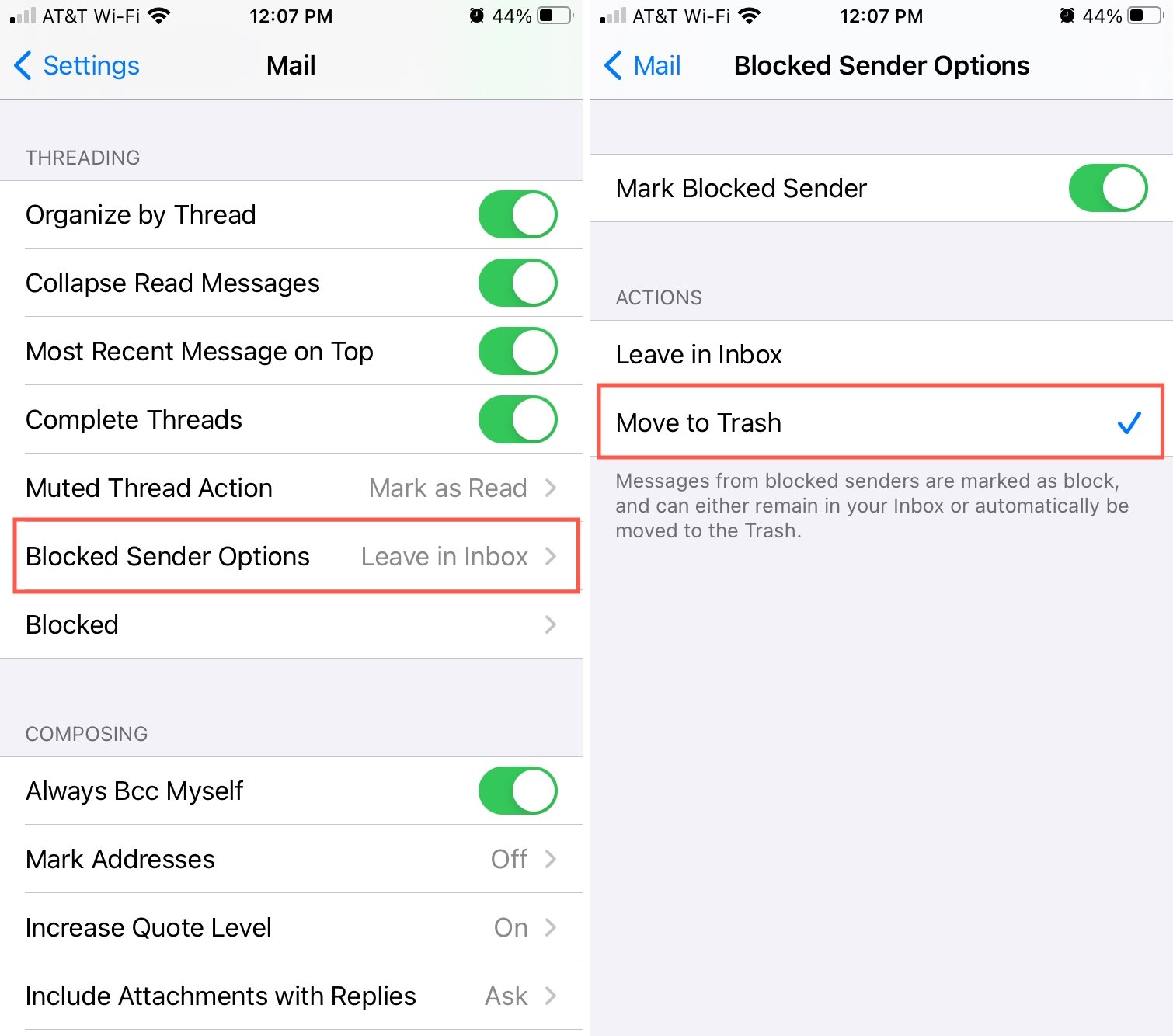 Move Blocked Mail to the Trash on iPhone