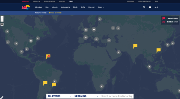 Red Bull website showing global map of extreme sports events