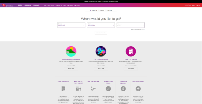 Homepage of Virgin America, en prisbelönt webbplats