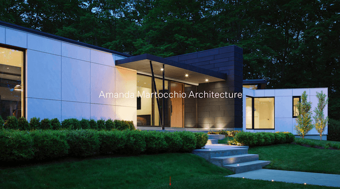 Hemsida för Amanda Martocchio Architecture, en företagswebbplats med vacker fotografi