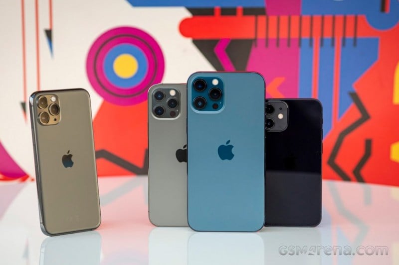 (from left to right) iPhone 11 Pro, iPhone 12 Pro, iPhone 12 Pro Max, and iPhone 12 mini