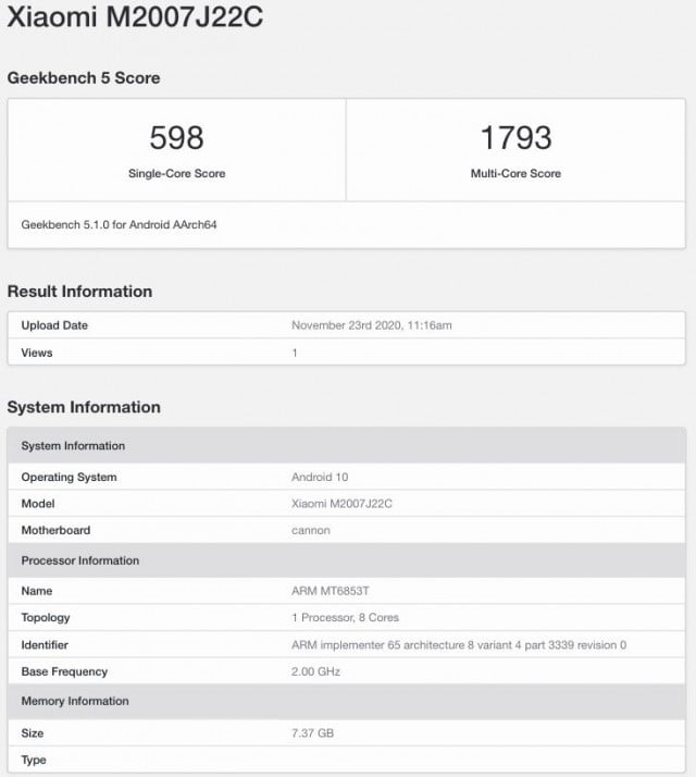 Redmi Note 9 5G Geekbench test run