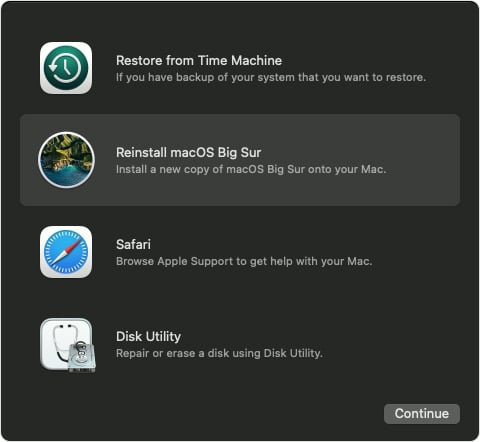 macOS Recovery M1 Mac - Reinstall macOS Big Sur highlighted 