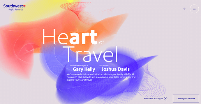 Hemsida för Heart of Travel av Southwest Airlines, en prisbelönt webbplats