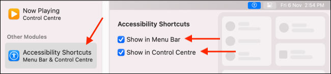 Add Accessibility Shortcuts to Menu Bar and Control Center