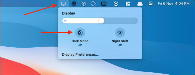 Enable Dark Mode from Display Icon in Menu Bar