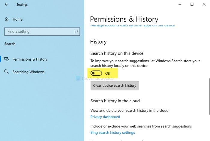 How to clear device search history in Windows 10