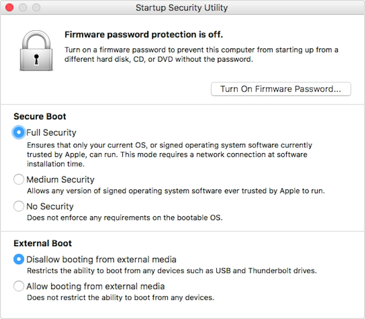 Mac startup disk - Startup Security Utility