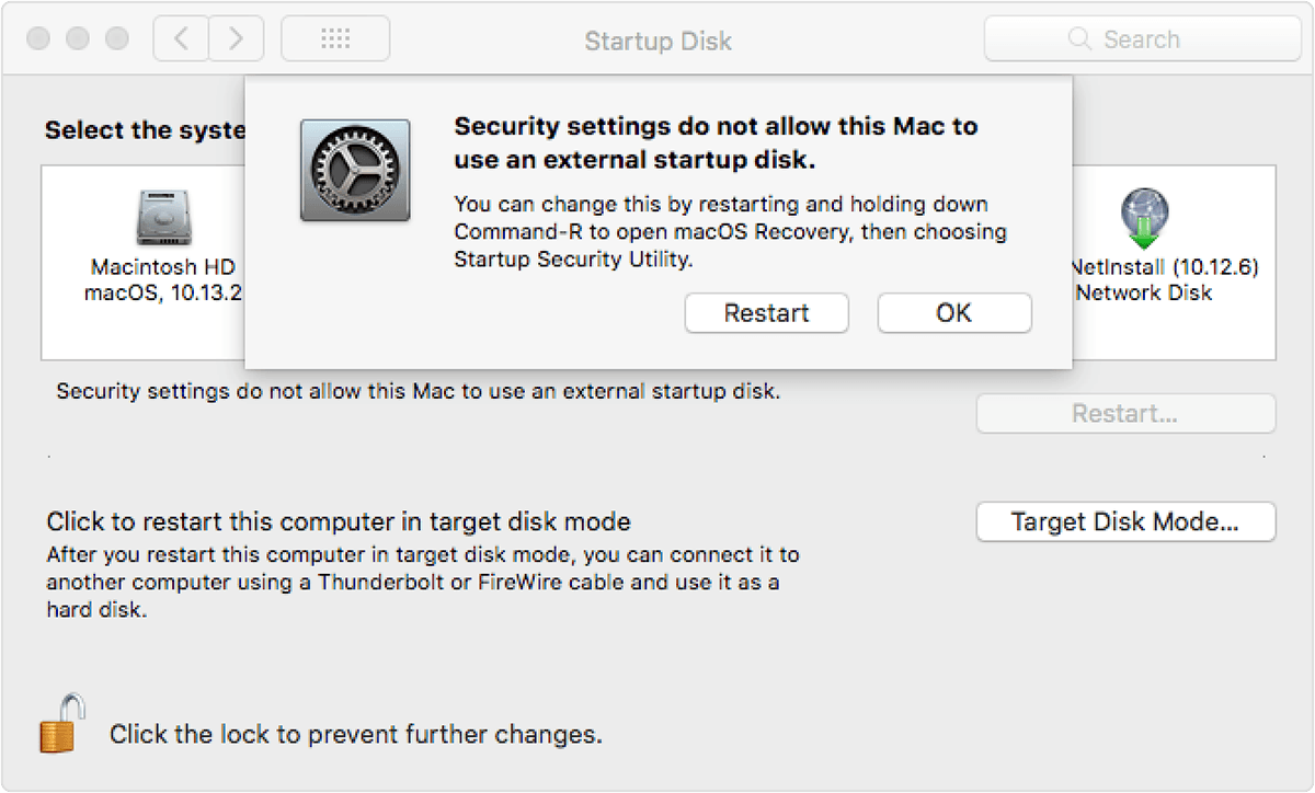 Mac-opstartschijf - een waarschuwing in het voorkeurenpaneel Opstartschijf over beveiligingsinstellingen op deze Mac die het gebruik van een externe opstartschijf niet toestaan