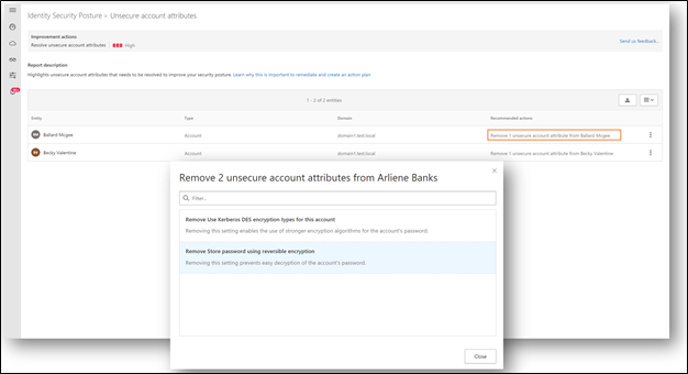 Screenshot of Microsoft Defender for Identity showing unsecure account attributes