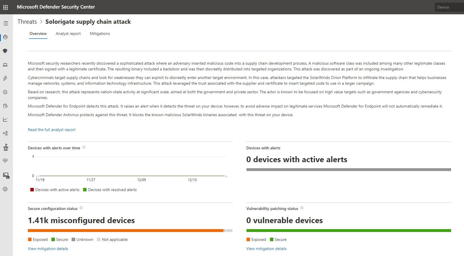 Screenshot van het Threat-analyserapport op Solorigate