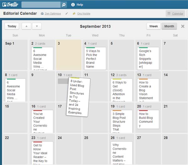 Trello日曆上組織的社交媒體日曆想法