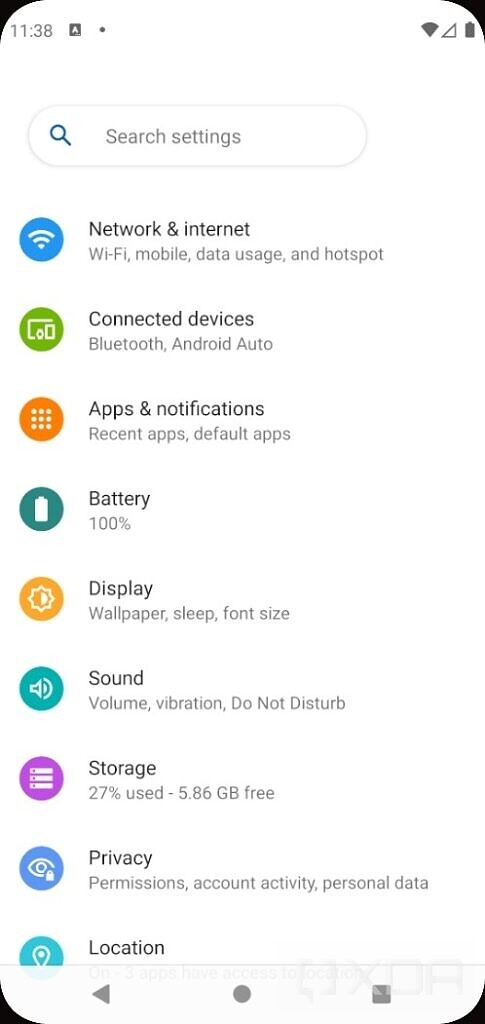 Android 12 அமைப்புகள் பக்கம்