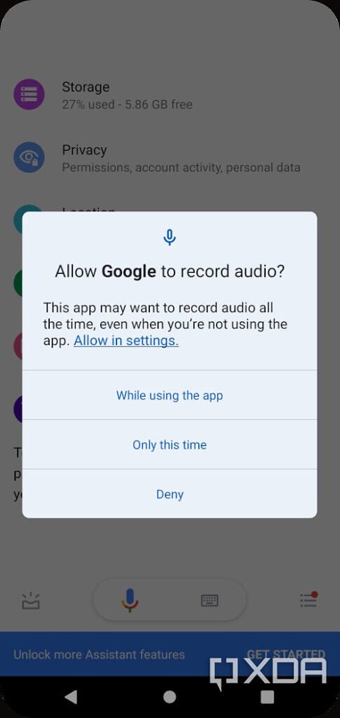 Caixa de diálogo de permissões do Android 12