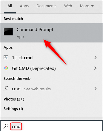 Type "cmd" in the Windows Search box, and then select "Command Prompt." 