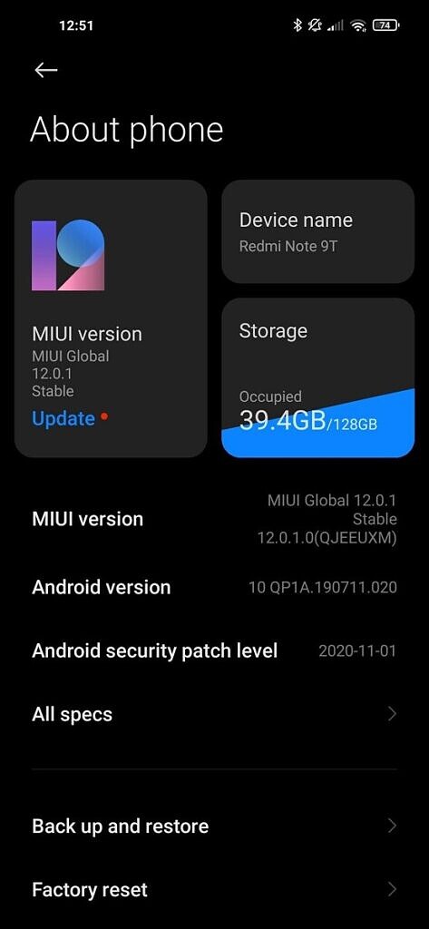 MIUI 12 settings on the Redmi Note 9T