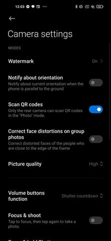 The Redmi Note 9T camera app settings