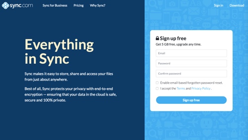 Home page of Sync.com