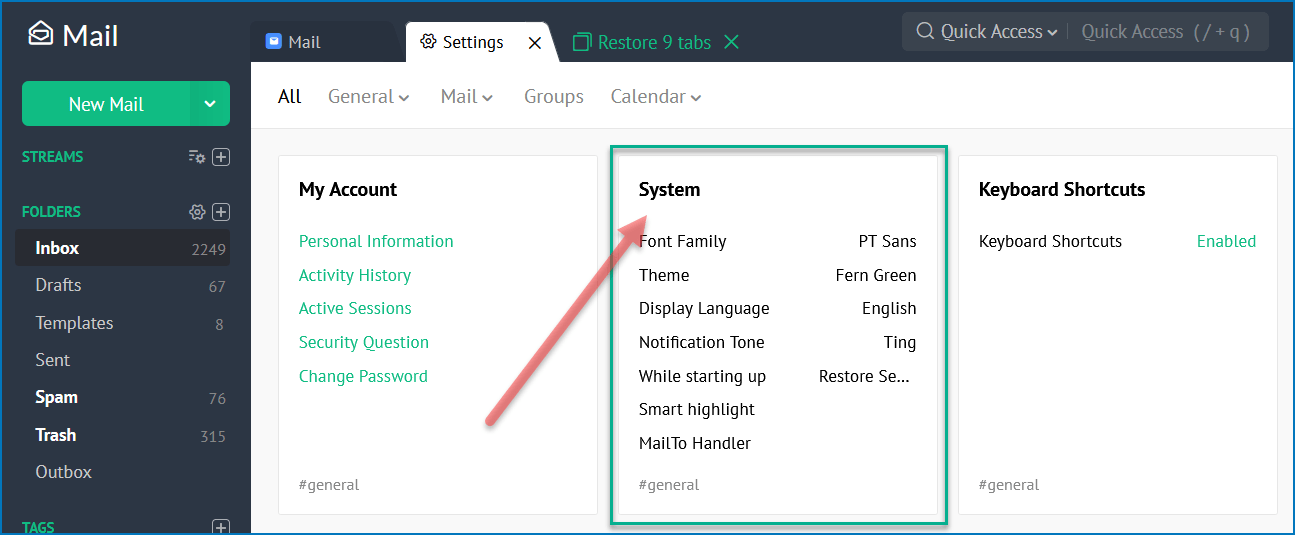 Zpoho Mail settings interface