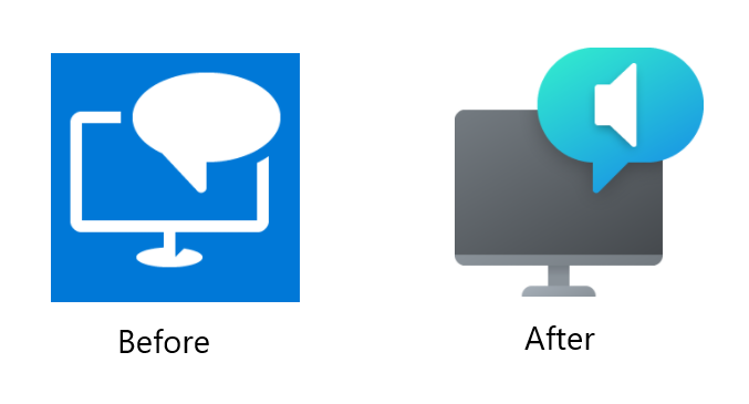 A essência do ícone é a mesma (um computador com um balão de fala), mas agora o balão de fala é colorido em vez de apenas linhas brancas em um fundo azul.