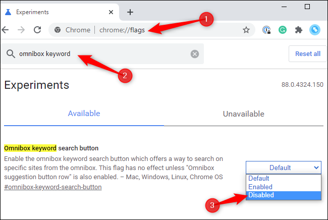 Disable the "Omnibox keyword search button" feature.