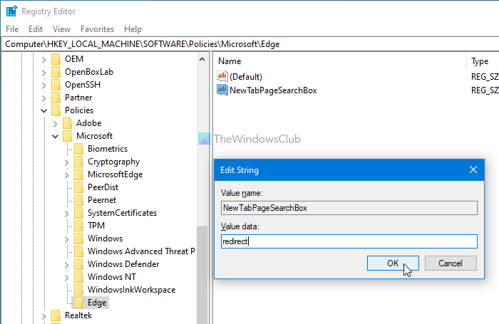 How to disable search box on new tab page in Edge using Registry Editor