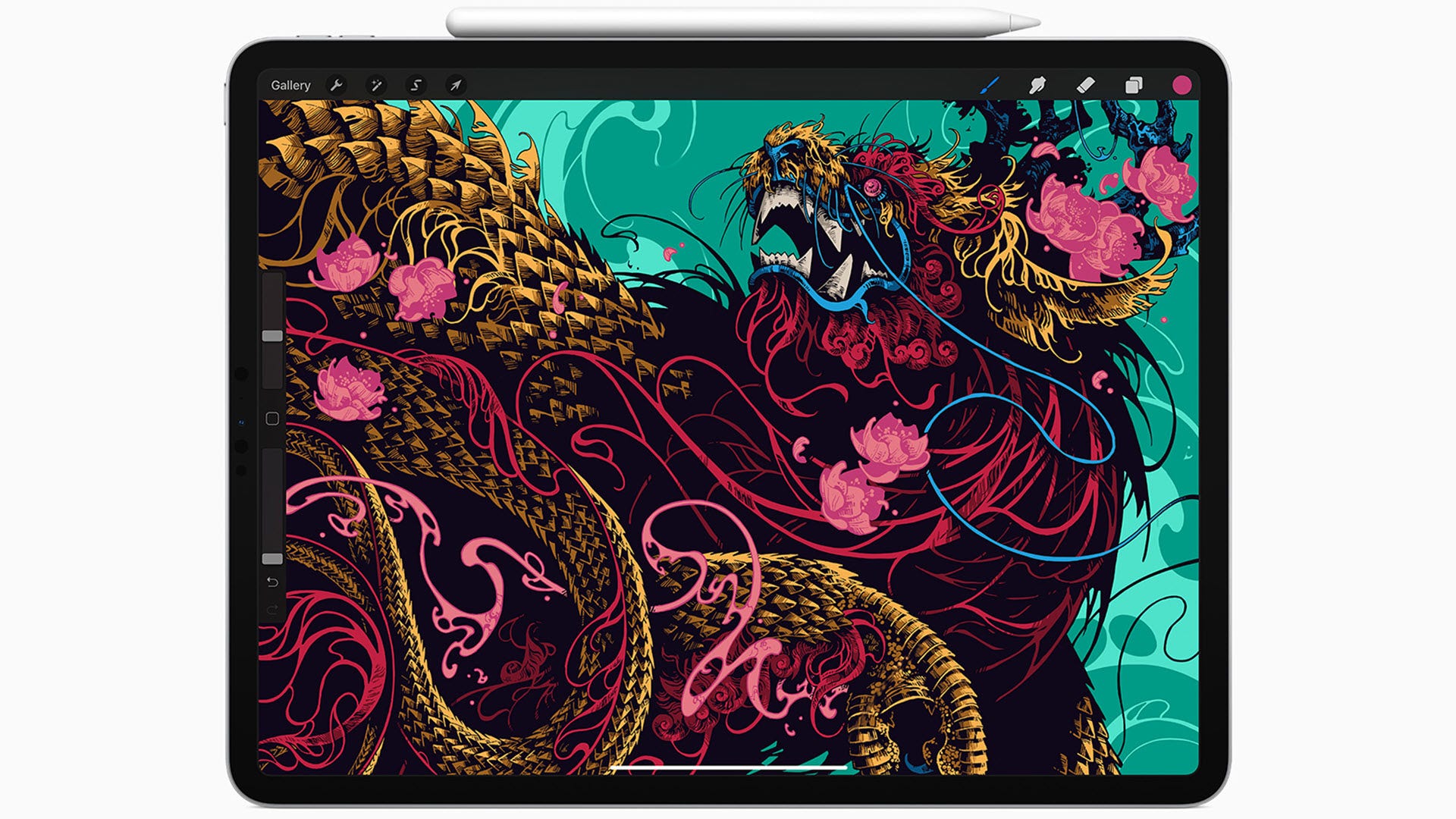An iPad Pro with a dragon on the screen.