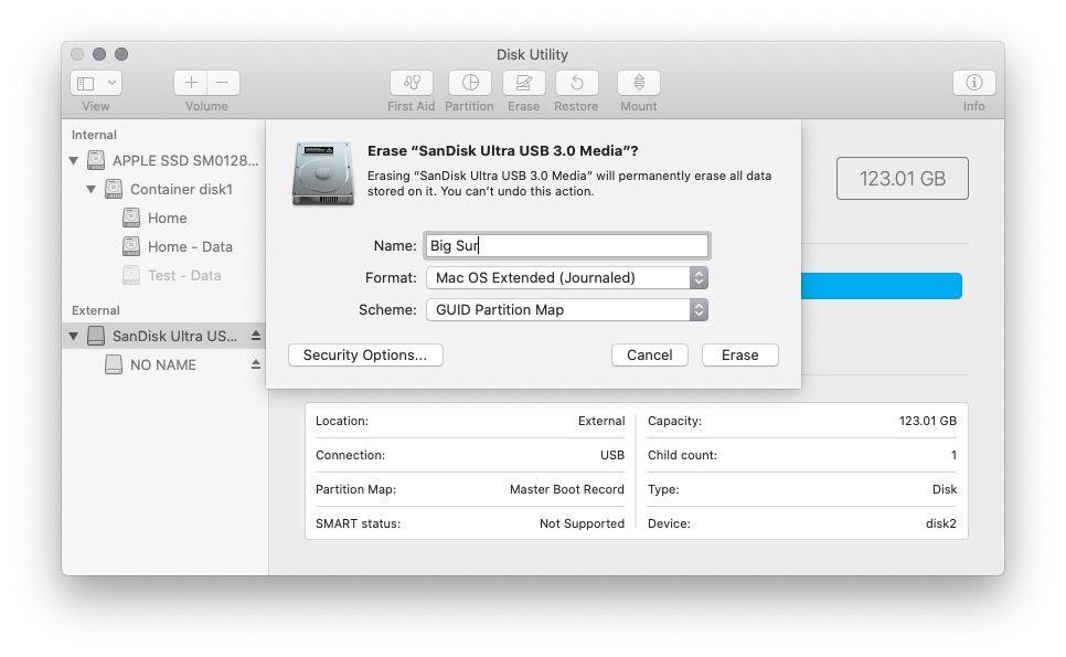 Format options Disk Utility