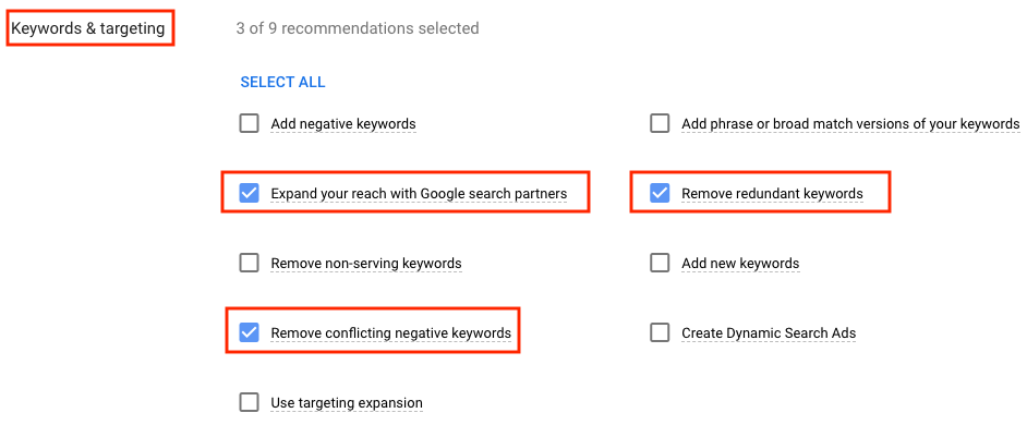 Screenshot of Google Ads interface to auto-apply "Keywords & targeting" options