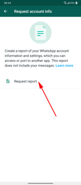 Solicitar confirmação de relatório de conta WhatsApp Android