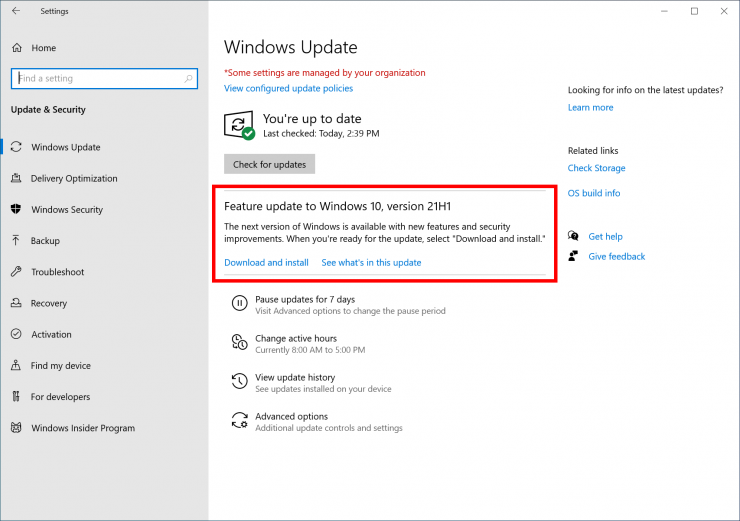 update Windows 10 21h1
