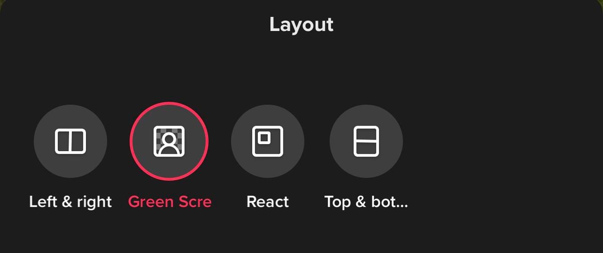 A layout menu in TikTok that shows duet options labelled left and right, green screen, react, and top and bottom.