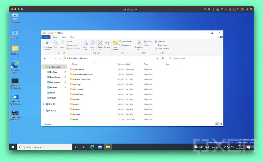 Parallels showing Windows 10 File Explorer with macOS files