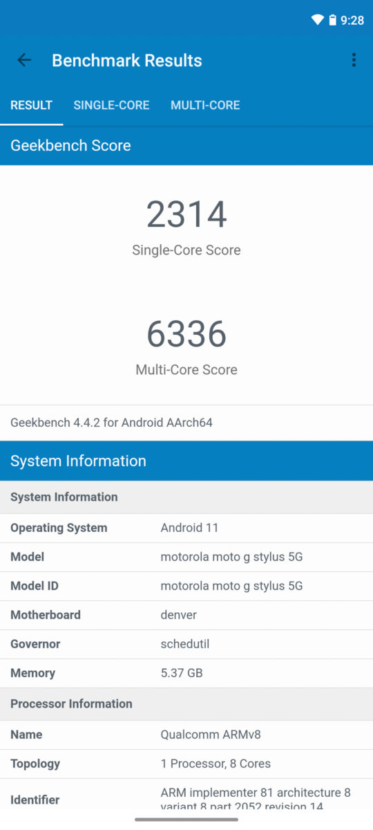 Motorola Moto G Stlyus 5G Geekbench 4